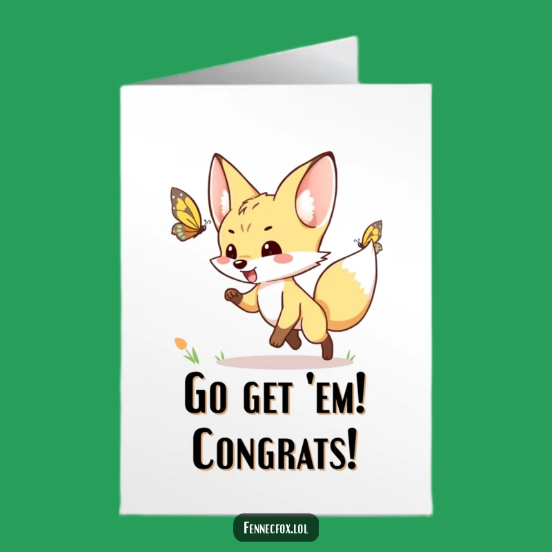 Free Printable Congrats Card: Fennec Fox Butterfly Chase - Energetic Downloadable