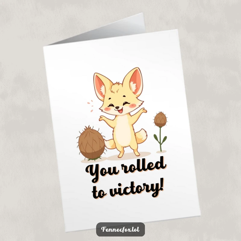 Funny Free Printable Congratulations Card: A jubilant fennec fox performs a goofy dance alongside a tumbling tumbleweed.