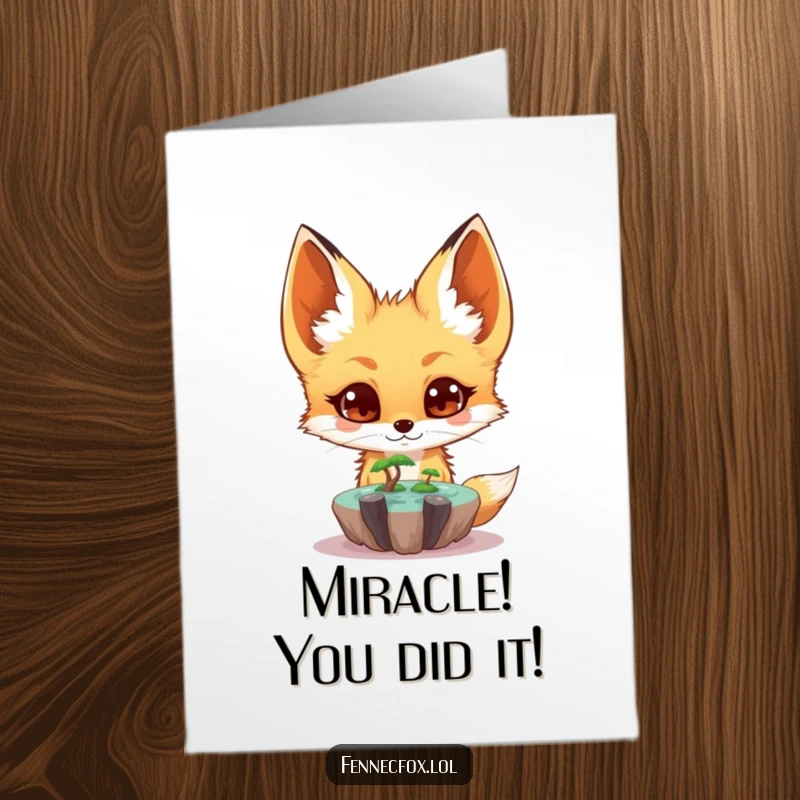 Funny Free Printable Congrats Card: Surprised fennec fox observing a tiny, floating oasis, celebrating unexpected success.