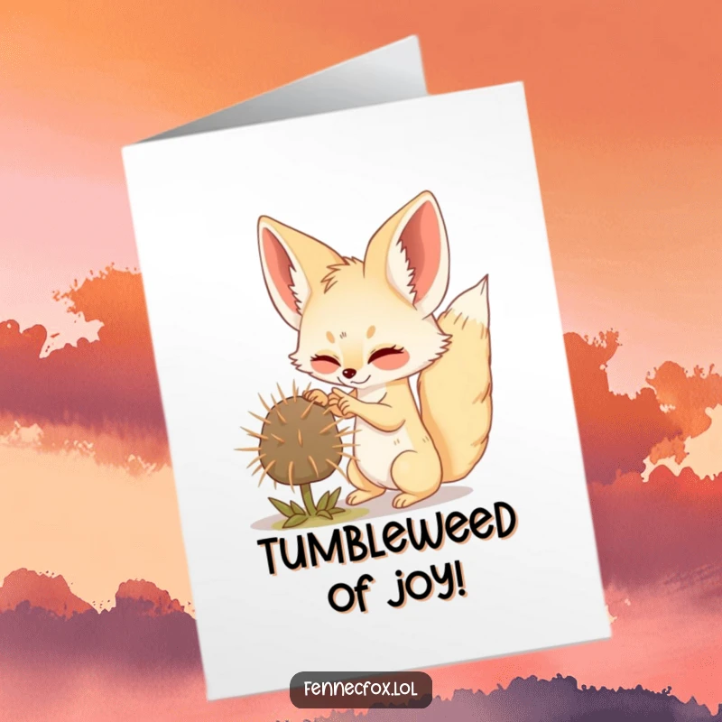 Funny Free Printable Congratulations Card: Fennec fox hilariously battling a tumbleweed, cheering on your big achievement.
