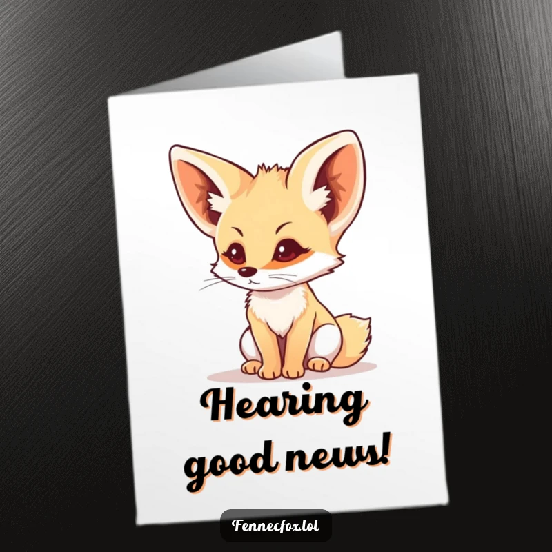 Funny Free Printable Congratulations Card: Fennec fox with perked ears listening intently, celebrating good news, a downloadable gift.