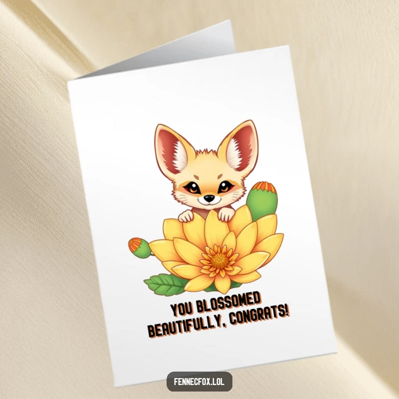 Funny Free Printable Congratulations Card featuring a happy fennec fox peeking over a vibrant, giant desert flower.