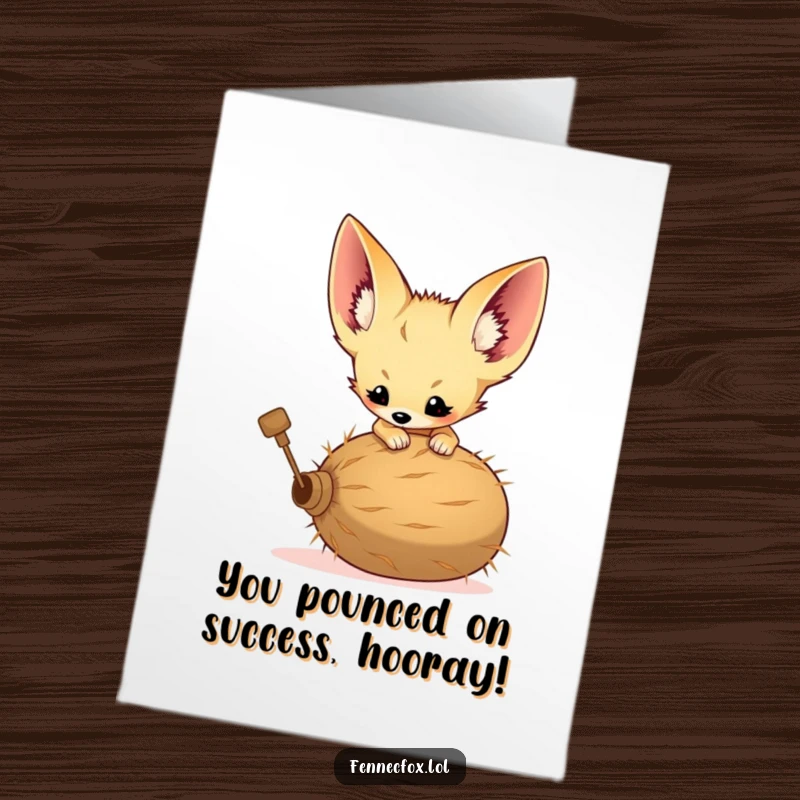 Funny Free Printable Congratulations Card: Fennec fox kit with large ears playfully pouncing on a tumbleweed, celebrating a big success.