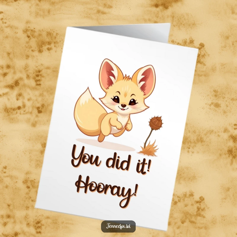 Funny free printable congratulations card showing a fennec fox winking slyly while sliding down a sand dune.