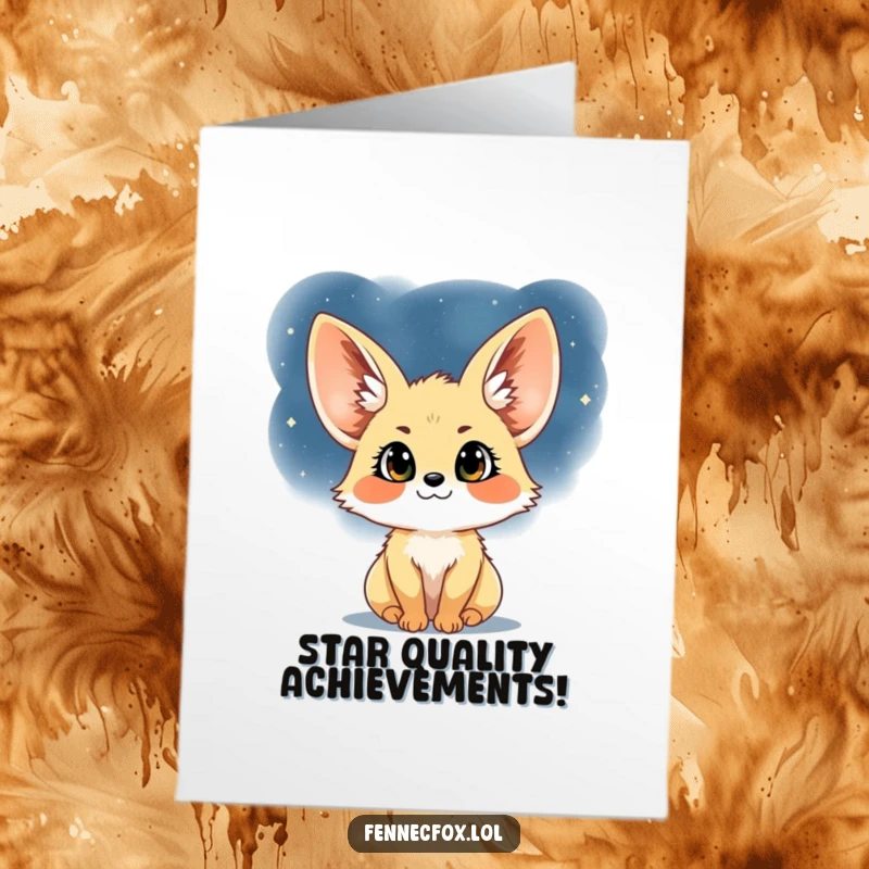 Funny Free Printable Fennec Fox Congrats Card, a happy fox looking at stars, perfect for celebrating achievements with a downloadable gift.