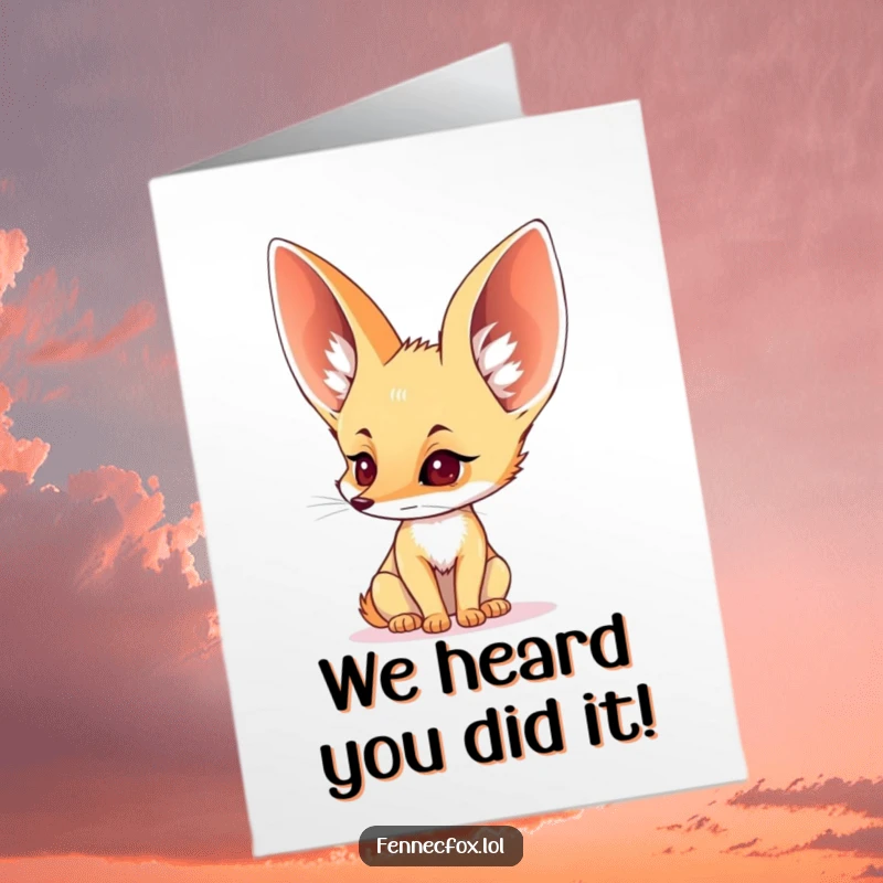 Funny Free Printable Congratulations Card: A fennec fox with enormous ears perked, attentively listening to the sounds of achievement.