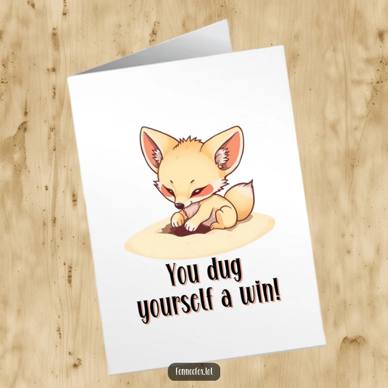 Funny Free Printable Congratulations Card: An energetic fennec fox playfully digging a hole in the sand, celebrating a new endeavor.