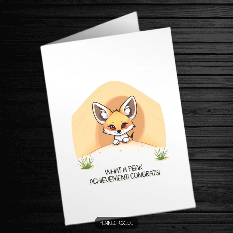 Funny Free Printable Congratulations Card: An inquisitive fennec fox with enormous ears secretly peeking around a giant sandy dune.
