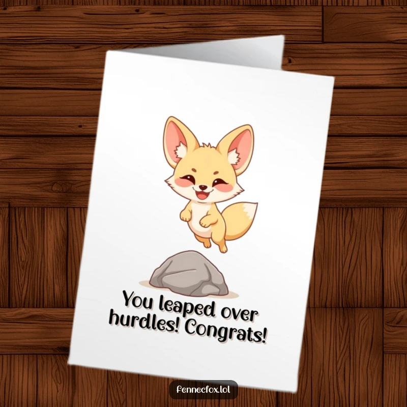 Funny Free Printable Congratulations Card: A happy fennec fox with enormous ears energetically leaping over a small obstacle with glee.