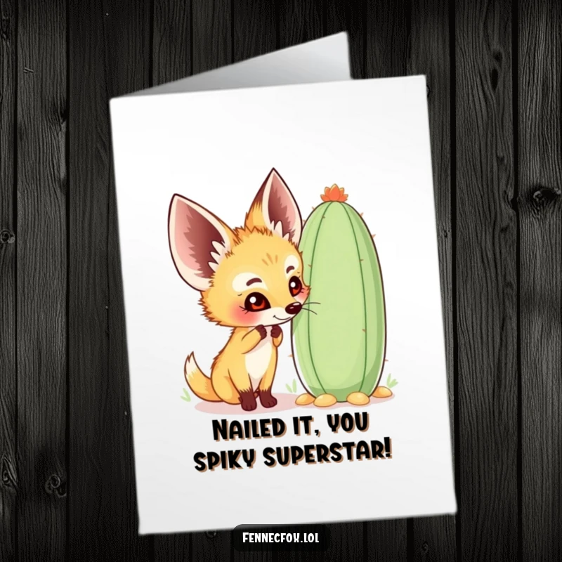 Funny Free Printable Congrats Card: Curious fennec fox happily sniffing a whimsical cactus, celebrating an achievement.