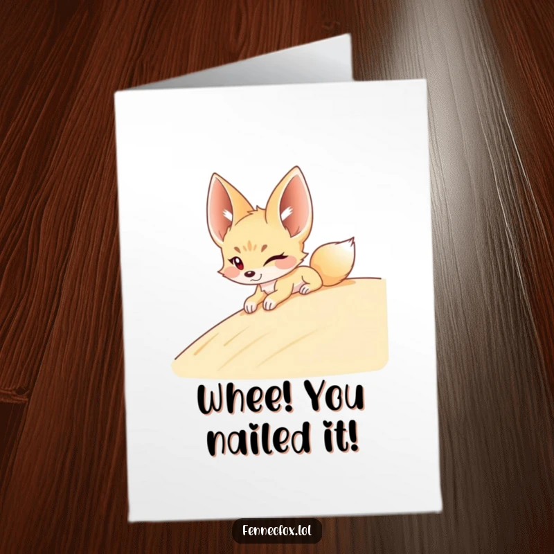 Funny free printable congratulations card of a fennec fox winking while smoothly sliding down a sand dune.