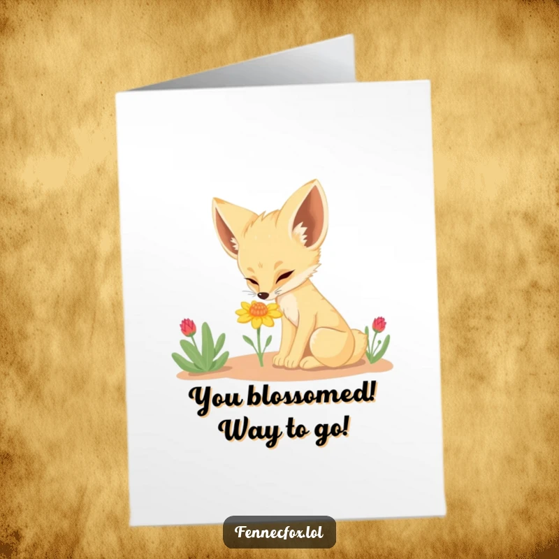 Funny Free Printable Fennec Fox Congrats Card, a curious desert fox sniffing a tiny flower, perfect for celebrating any achievement.