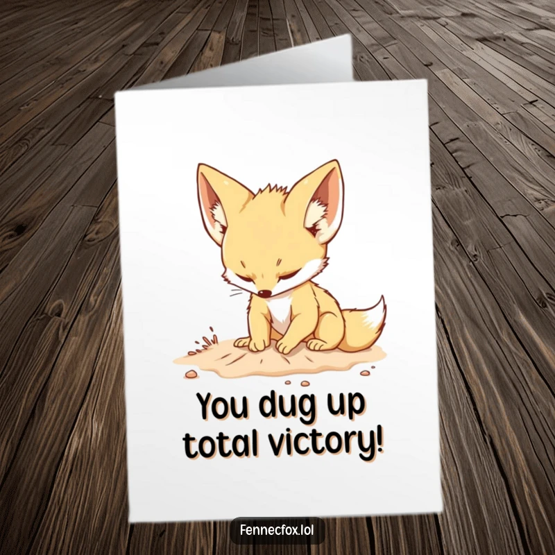 Funny Free Printable Congratulations Card showing a fennec fox with a focused expression digging enthusiastically in the sand.