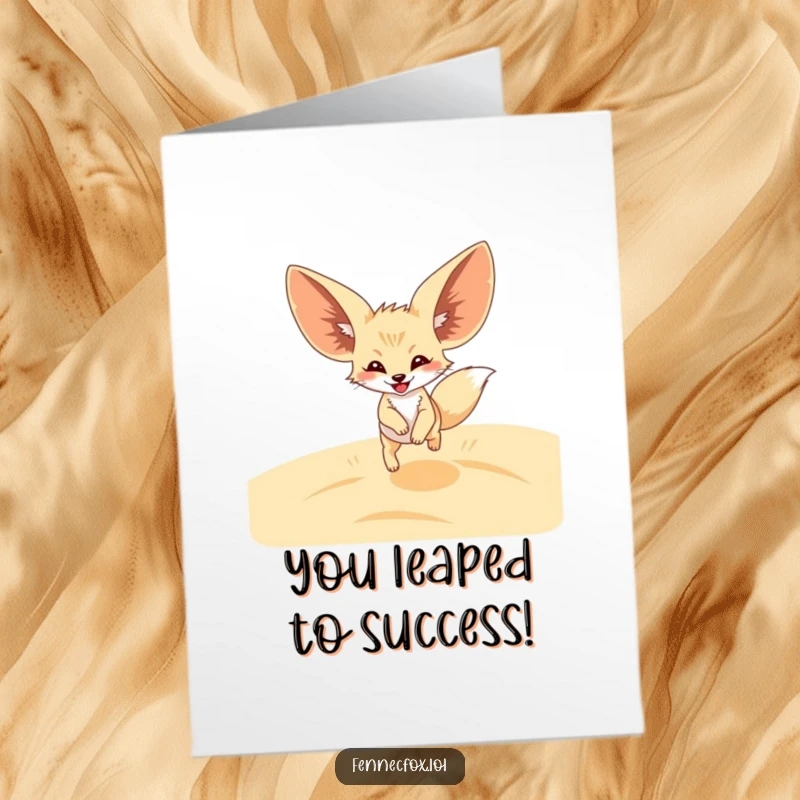 Funny Free Printable Congratulations Card: A fennec fox with massive ears joyfully leaps over sand dunes, celebrating success.