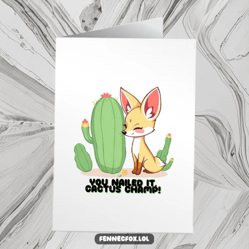 Funny Free Printable Congratulations Card featuring a curious fennec fox with a happy face sniffing a big, whimsical cactus.
