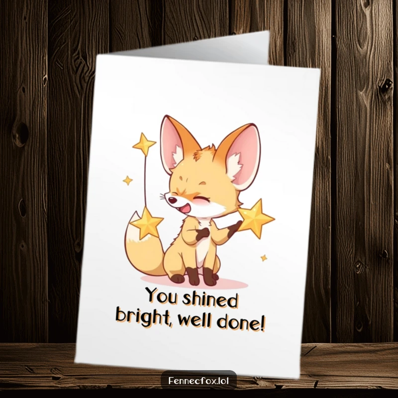 Funny Free Printable Congratulations Card showing a giggling fennec fox batting at a desert star, celebrating brilliant achievements.