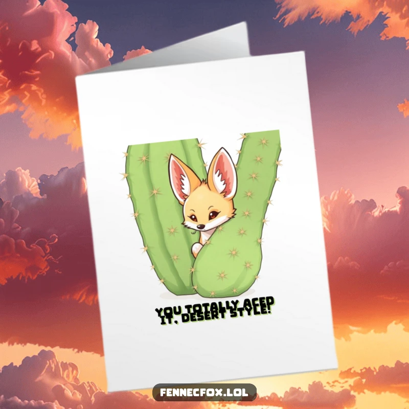 Funny Free Printable Fennec Fox Congratulations Card: A cheeky fox hides behind a large cactus.