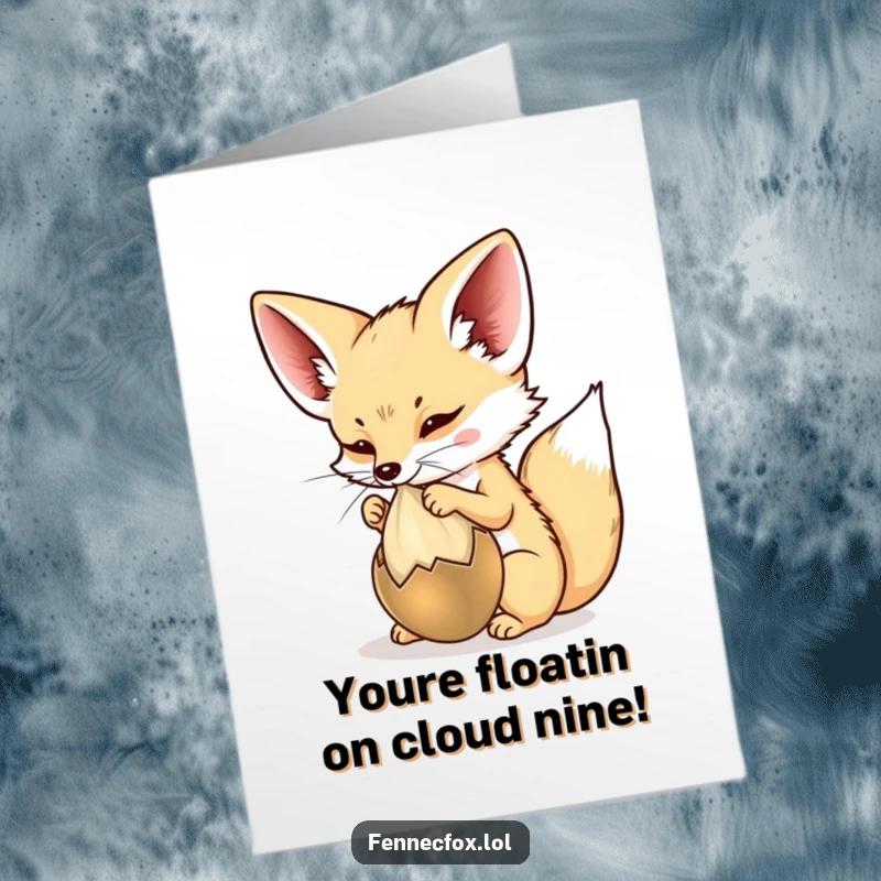 Funny Free Printable Congratulations Card of a fennec fox batting at a floating desert seed pod, ideal for a humorous downloadable gift.