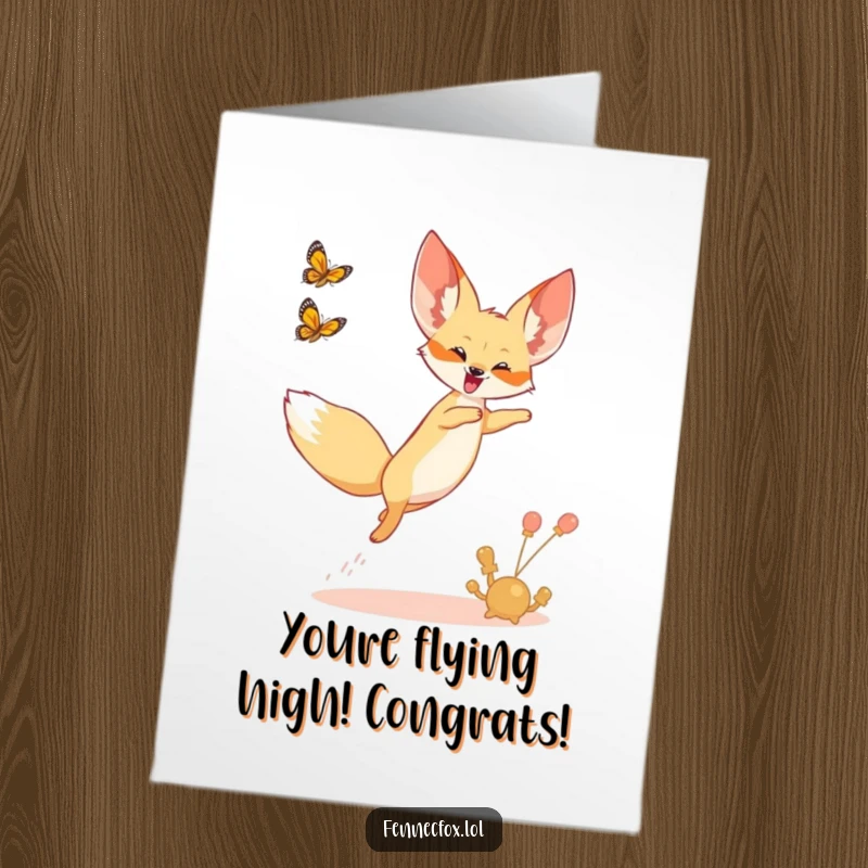Funny Free Printable Congratulations Card: A fennec fox joyfully leaping into the air, chasing a butterfly, celebrating a great success.