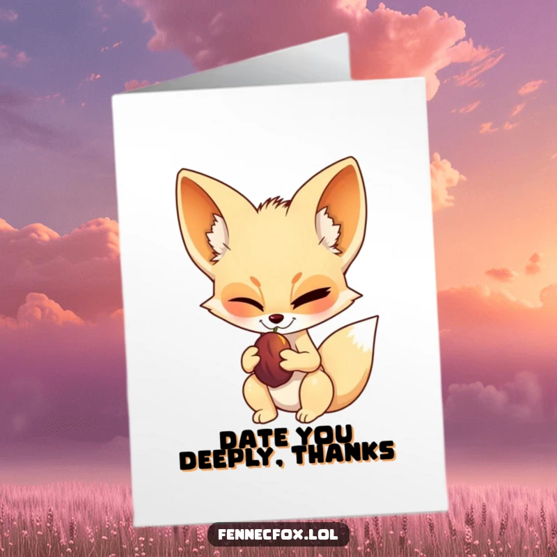 Funny Free Printable Thank You Card: Fennec fox winking playfully while holding a date, making thanks feel extra special. Downloadable.