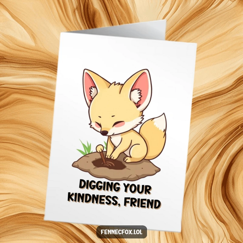 Funny Free Printable Fennec Fox Thank You Card: A fox happily digging a hole as a thank you gesture.