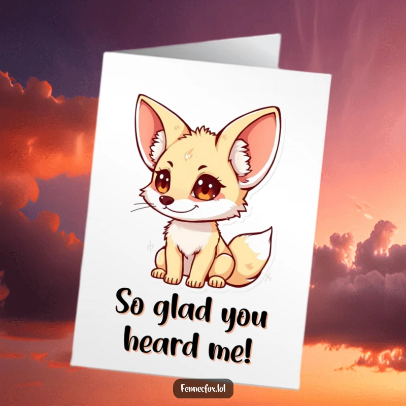 Funny Free Printable Fennec Fox Thank You Card: A fox with large ears up, attentively listening to your thanks.