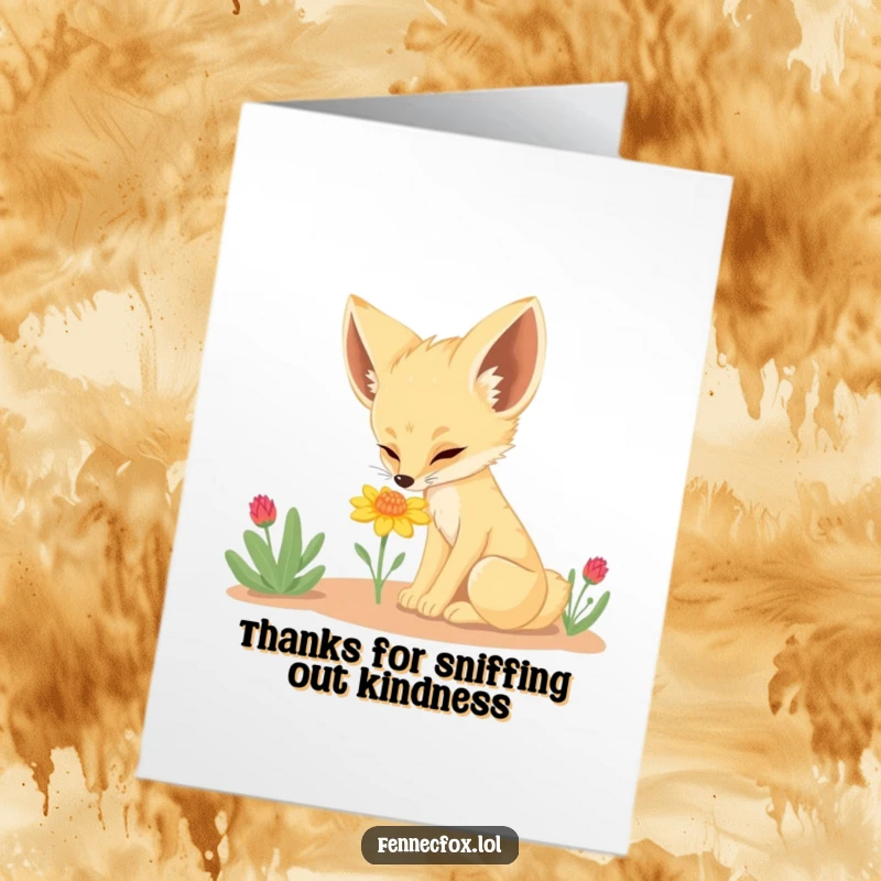 Funny Free Printable Fennec Fox Thank You Card, a curious desert fox sniffing a small flower, showing appreciation with charm.