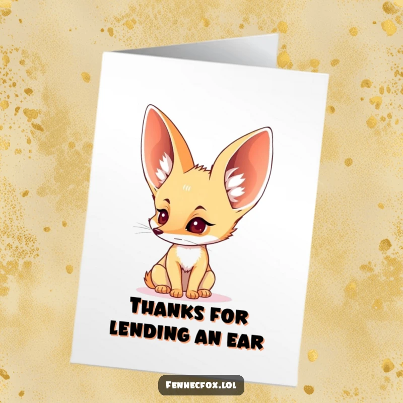 Funny Free Printable Thank You Card: A fennec fox with large ears, intently listening, ready to receive heartfelt thanks.