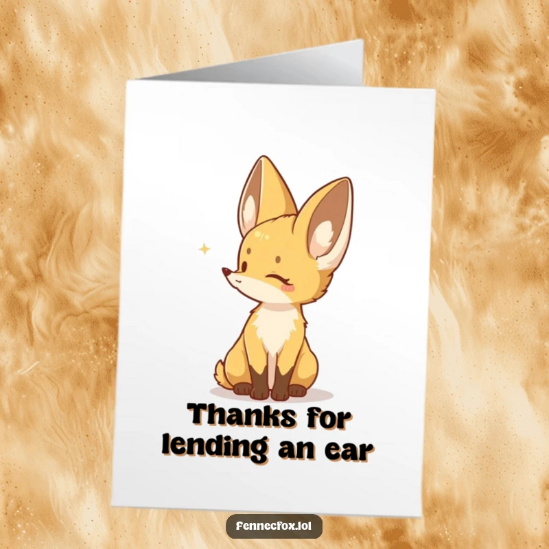 Funny Free Printable Thank You Card: Fennec fox character listening intently, showing appreciation with keen ears.