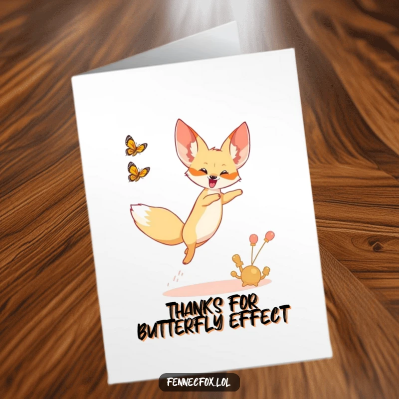 Funny Free Printable Thank You Card: A fennec fox joyfully leaping in the air, chasing a butterfly, expressing thanks with delight.