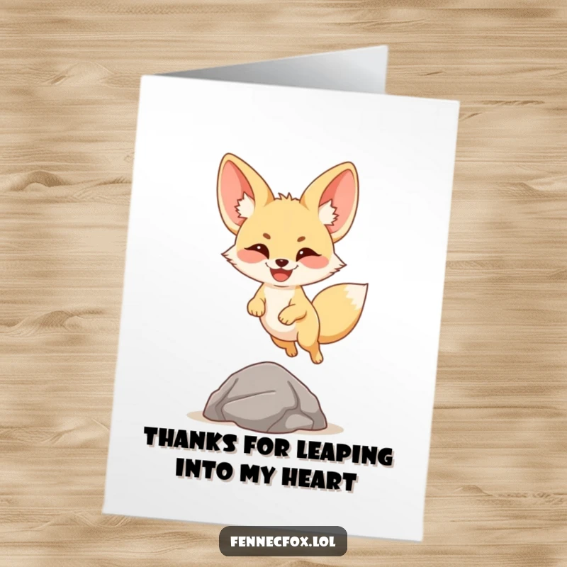 Funny Free Printable Thank You Card: A smiling fennec fox with giant ears playfully leaping over a small rock with enthusiasm.