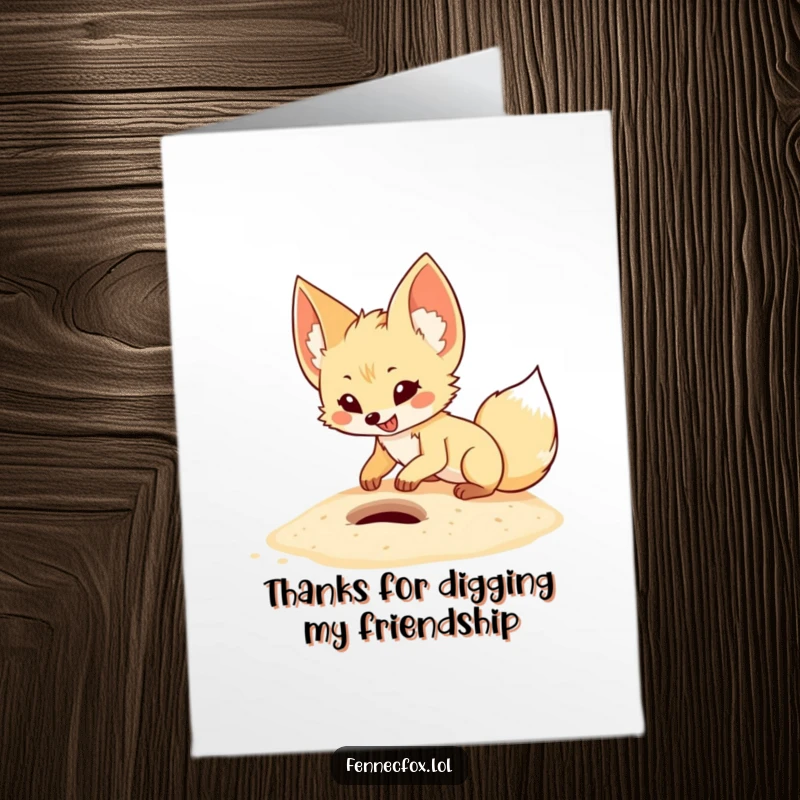 Funny Free Printable Thank You Card: A diligent fennec fox with enormous ears enthusiastically digging a small hole in the sand.
