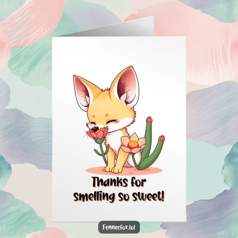 Funny Free Printable Thank You Card featuring a fennec fox sniffing a desert flower, a great DIY gift idea.