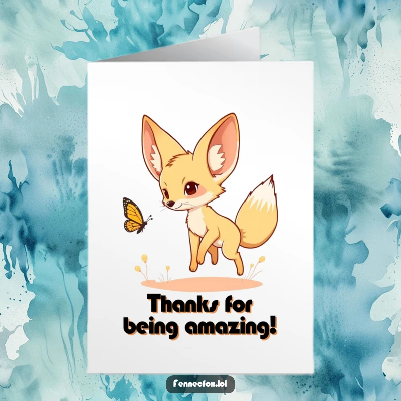 Funny Free Printable Thank You Card: Fennec fox with enormous ears playfully chasing a butterfly, a whimsical way to say thanks.