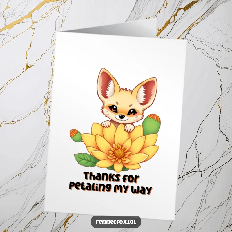 Funny Free Printable Thank You Card where a cheerful fennec fox curiously peeks over an extremely large, colorful desert flower.