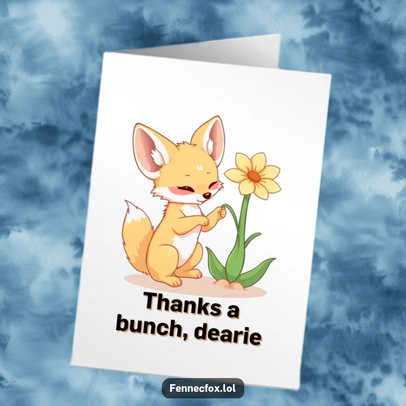 Funny Free Printable Thank You Card: Cute fennec fox playfully batting a desert flower, expressing thanks with adorable charm. A downloadable treasure.