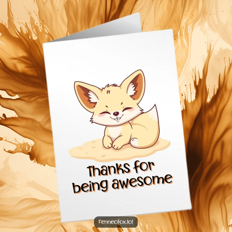 Funny Free Printable Thank You Card: A fennec fox with a huge grin gleefully rolls around in the sand.
