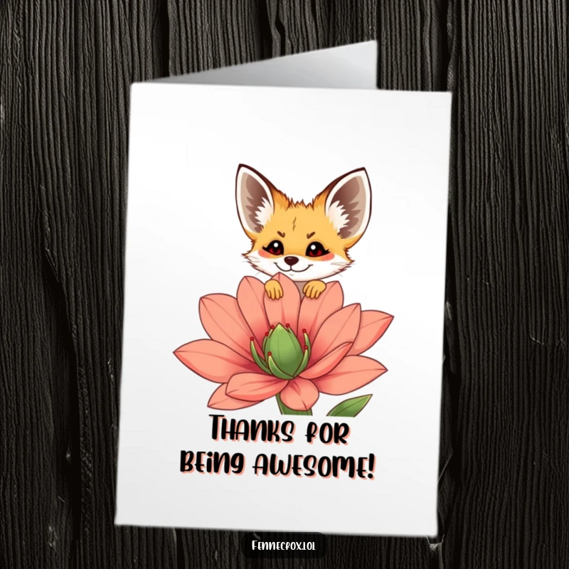 Funny Free Printable Thank You Card: Fennec fox peeking over a vibrant flower, showing heartfelt gratitude.