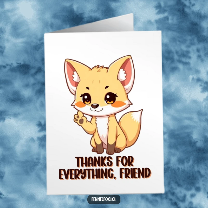 Funny Free Printable Thank You Card: A sweet fennec fox offers a small, shy paw wave, conveying sincere appreciation.