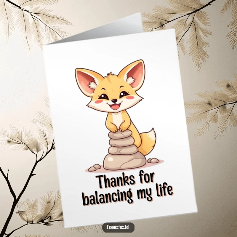 Funny Free Printable Thank You Card: A fennec fox grinning widely while balancing a teetering stack of desert stones.