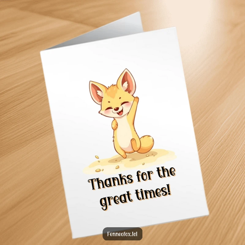 Funny Free Printable Thank You Card: A playful fennec fox doing a somersault in sand, conveying thanks.