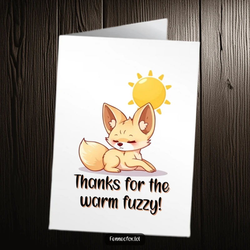 Funny Free Printable Thank You Card: Cute fennec fox stretching contentedly under the sun, a peaceful DIY thank you.
