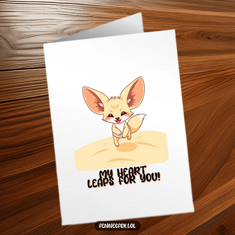 Funny Free Printable Thank You Card: A fennec fox with giant ears joyfully leaps through sand dunes, expressing thanks.