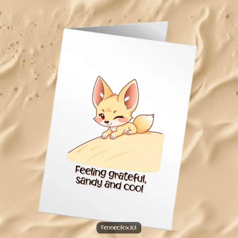 Funny free printable thank you card showing a fennec fox winking as it slides down a sandy dune with a playful expression.