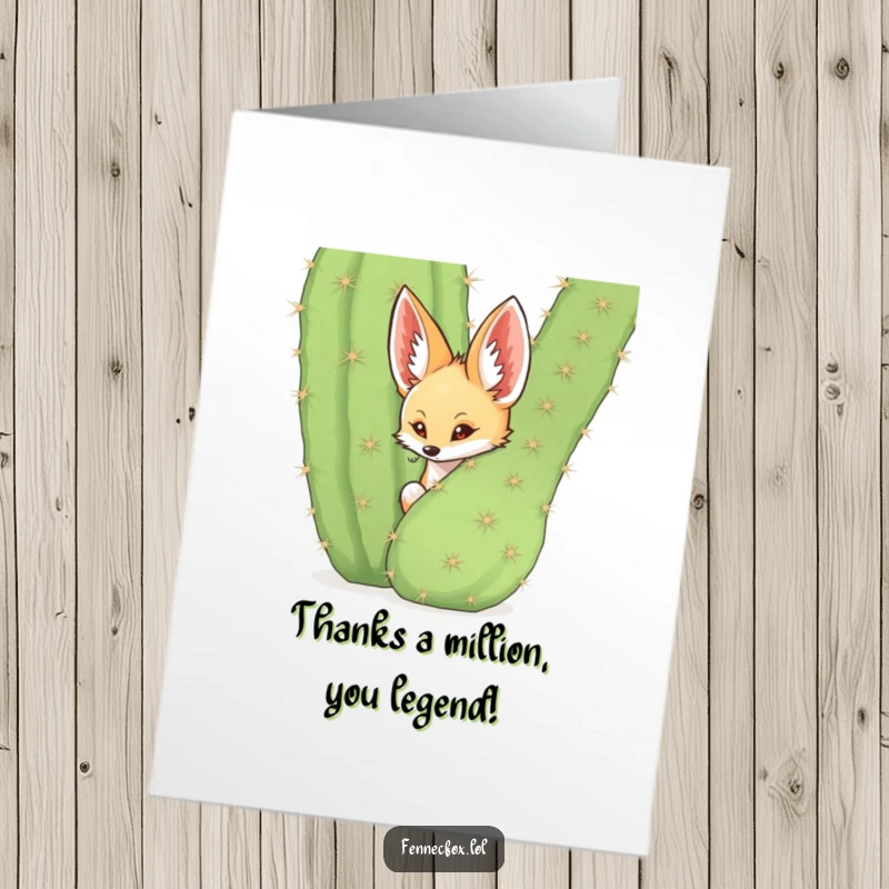 Funny Free Printable Fennec Fox Thank You Card: A cute fox peeks mischievously from behind a spiky cactus.