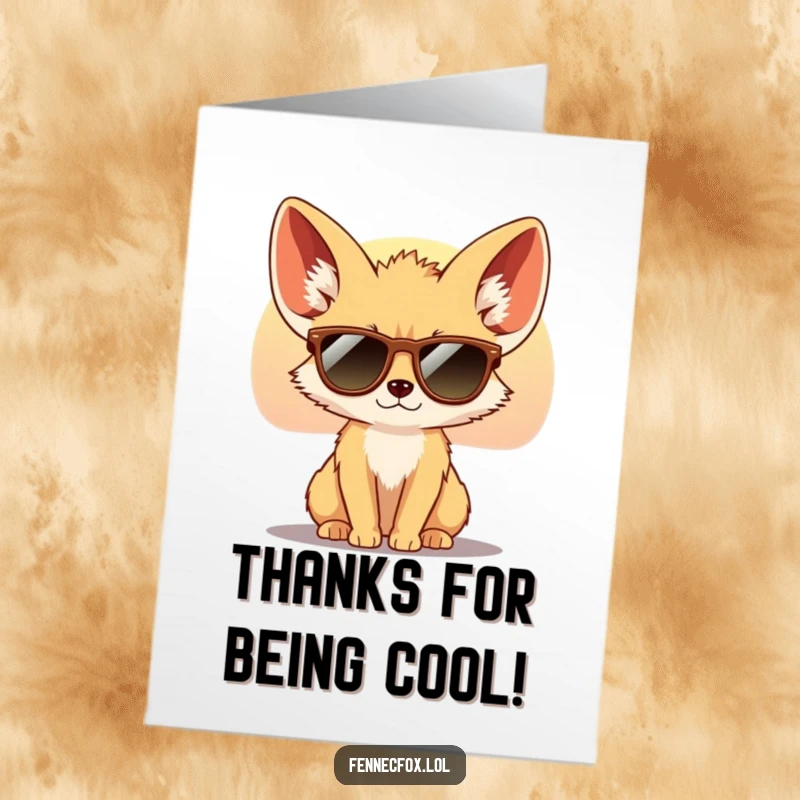 Funny Free Printable Thank You Card: A fennec fox in miniature sunglasses gazes coolly at a setting sun.
