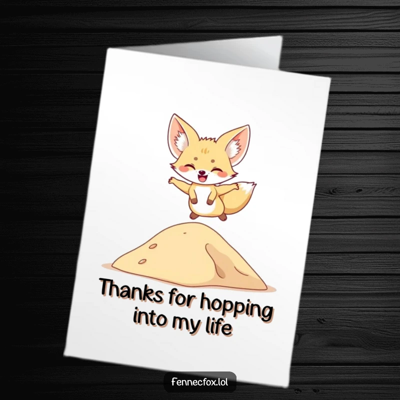 Funny Free Printable Thank You Card featuring a fennec fox leaping over a sand dune, showing appreciation with energetic enthusiasm.