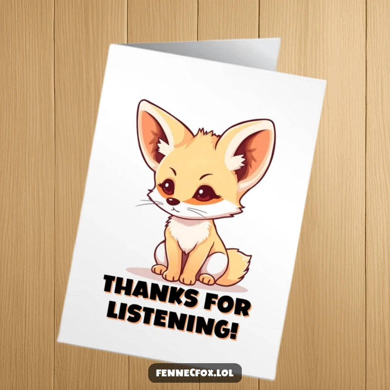 Funny Free Printable Thank You Card: Fennec fox with perked ears listening intently, expressing gratitude, a downloadable gift.