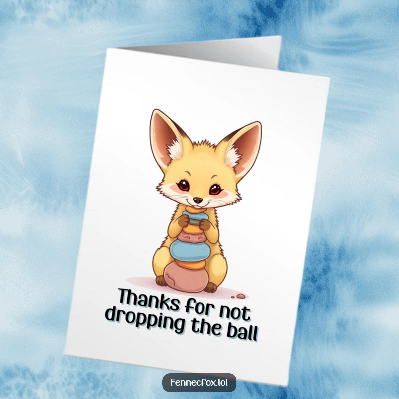 Funny Free Printable Thank You Card: Fennec fox balancing pebbles, looking pleased to express thanks.
