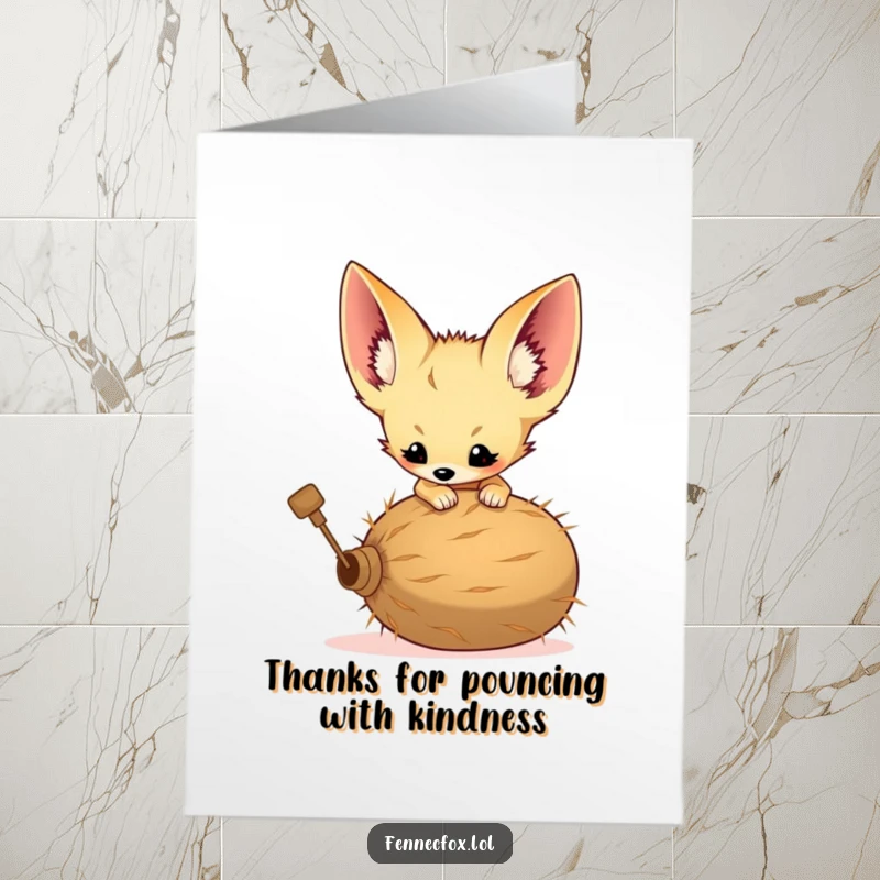 Funny Free Printable Thank You Card: Fennec fox kit with comically large ears pouncing on a tumbleweed, conveying thanks playfully.